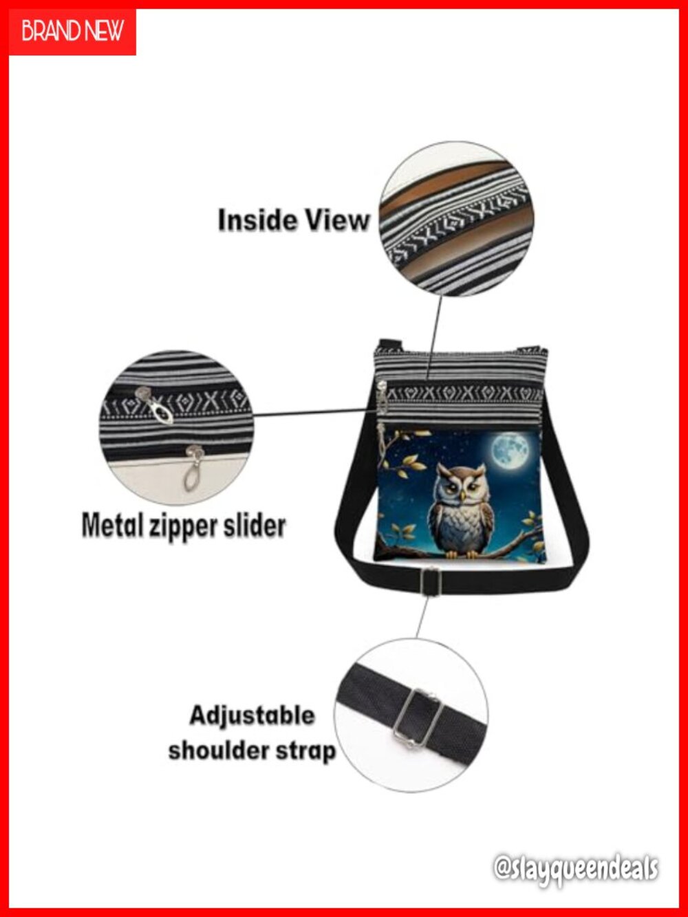Owl Print Crossbody Bag Polyester Adjustable Strap Double Zipper - Picture 5 of 6